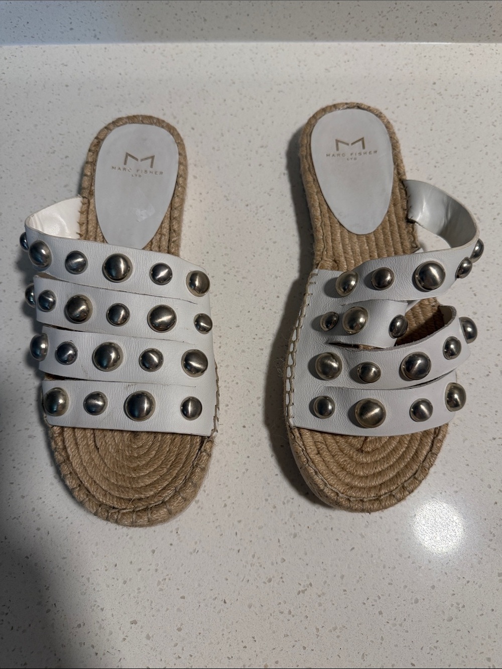Marc Fisher White Studded Espadrille Slide Sandals